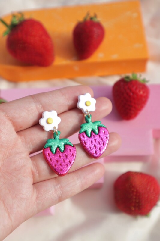 Sparkly Strawberry, Glitter Strawberry Earring, Lightweight, Fruit Earring